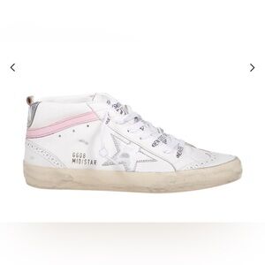 Golden Goose White Mid-Top Sneakers with Pink Heel Stripe and Silver Star